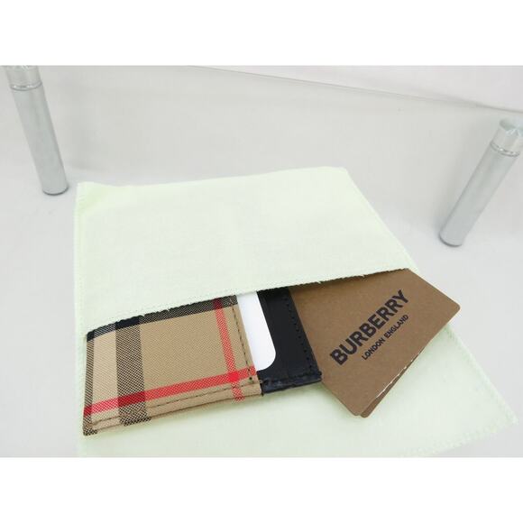 BURBERRY SANDON BEIGE CHECK CANVAS BLACK LEATHER LOGO CARD HOLDER CASE WALLET - Picture 6 of 10